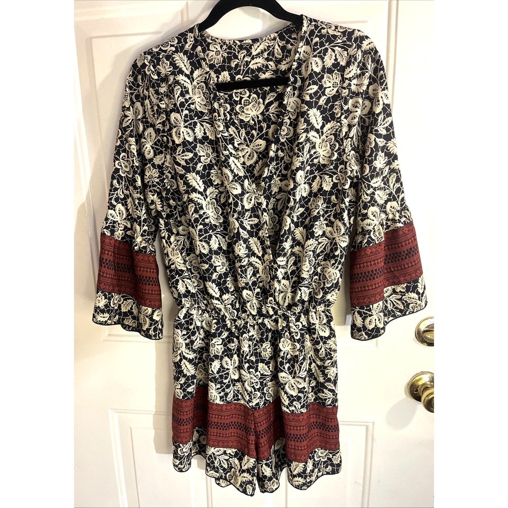 American Rag Cie Floral Bell Sleeve Romper Black Tan Burgundy Shorts Size L